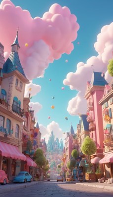 Cartoon city street with pink clouds