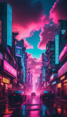 Neon city street at dusk