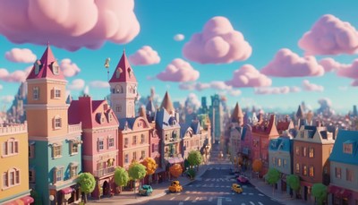 Colorful cityscape with fluffy clouds