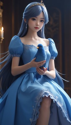 Blue-haired woman holding a bird