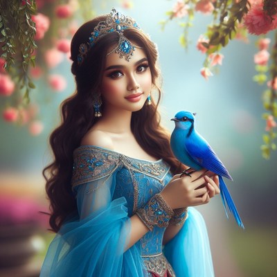 Woman in blue dress holding bird
