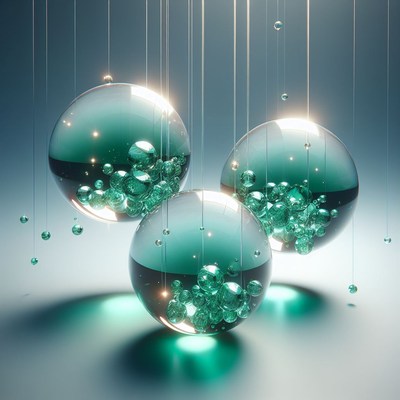 Suspended glass orbs with green liquid