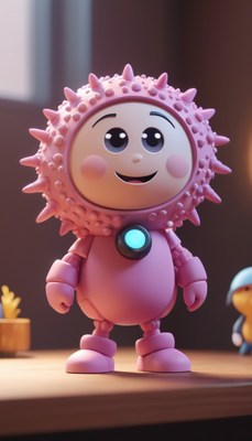 Pink spiky robot standing on table