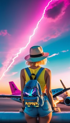 Woman at airport with pink lightning