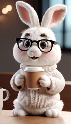 Bunny in glasses holding coffee