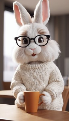 Bunny with glasses holding a mug