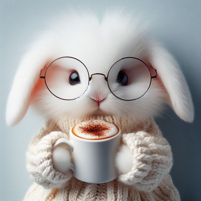Rabbit wearing glasses drinks coffee
