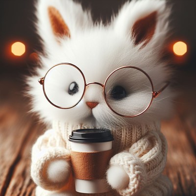 White bunny with coffee and glasses