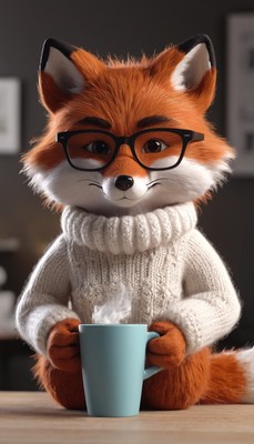 Fox in sweater holding a mug of coffee