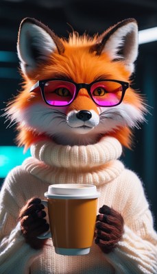 Fox in glasses holding coffee