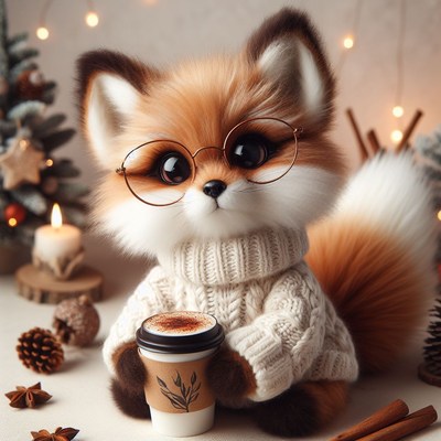 Fox in sweater holding coffee