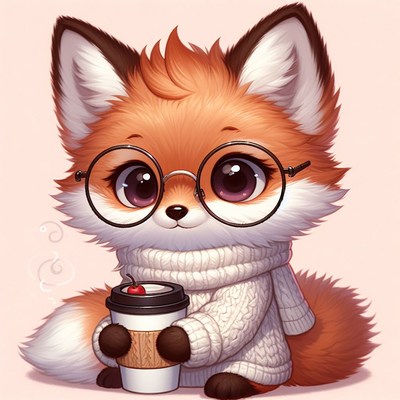 Fox with glasses holding coffee