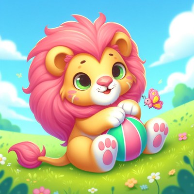 Pink-haired lion cub playing with ball