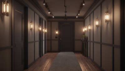 Empty hotel corridor at night