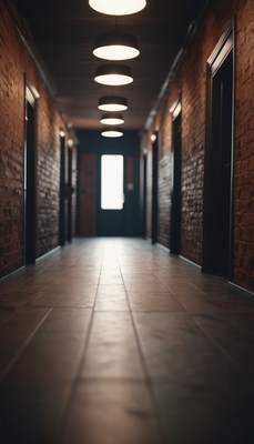 Brick hallway with overhead lights