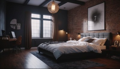 Modern bedroom with exposed brick wall