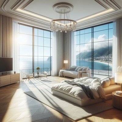 Modern bedroom with ocean view