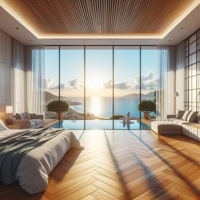 Modern bedroom with ocean view at sunrise