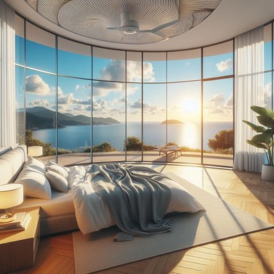 Modern bedroom with ocean view at sunset