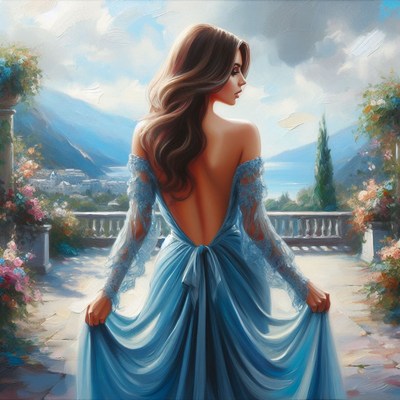 Woman in blue dress on balcony