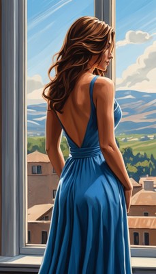Woman in blue dress looking out window