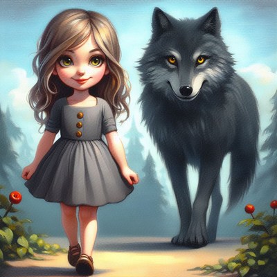 Girl and wolf in the forest