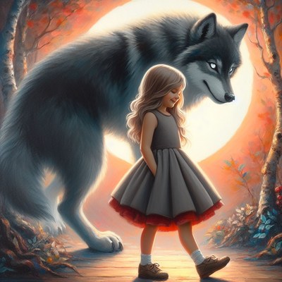 Girl and wolf in forest