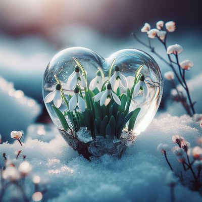 Snowdrops in a heart-shaped glass