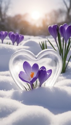 Purple crocuses in heart-shaped glass on snow