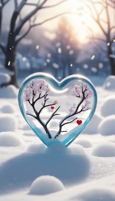 Glass heart in winter snow