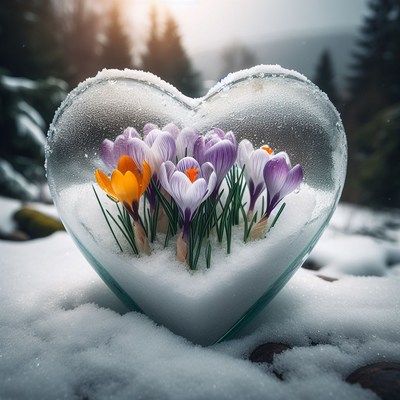 Crocuses blooming in heart-shaped ice