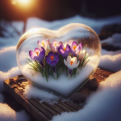Heart-shaped glass with crocuses in snow