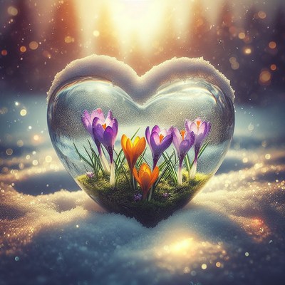 Heart-shaped glass with flowers in snow
