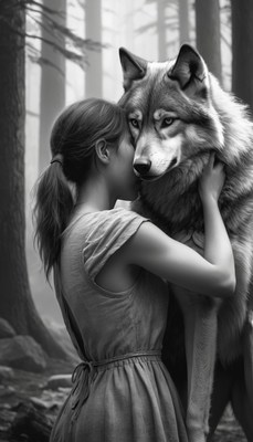 Woman hugging wolf in forest