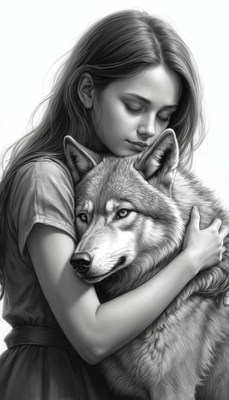 Woman hugging wolf in black and white