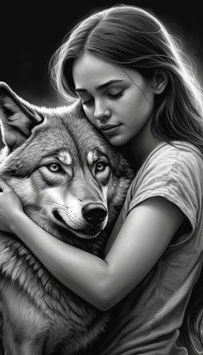 Woman embracing wolf in black and white