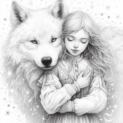 Girl and wolf pencil drawing