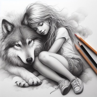 Girl and wolf pencil drawing
