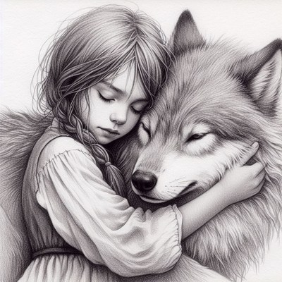 Girl hugging wolf in pencil drawing