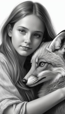 Woman and fox black and white drawing