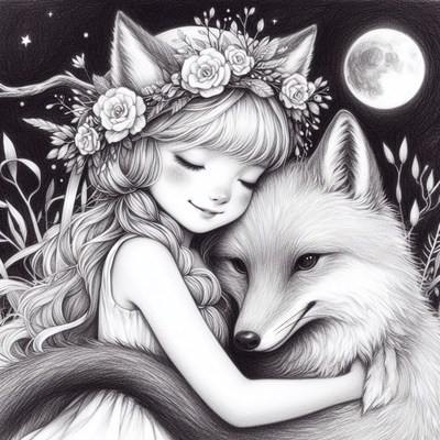 Girl hugging fox under full moon
