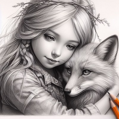 Girl and fox pencil drawing