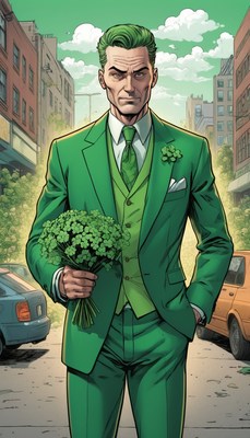 Man in green suit holding clover bouquet