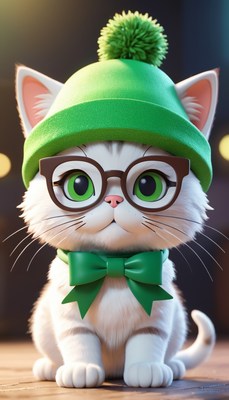 Cute kitten wearing green hat and glasses