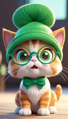 Cute cat in green hat and glasses