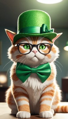 Cat wearing green hat and bowtie