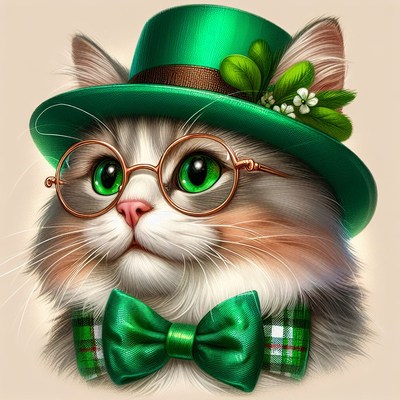 Cat wearing green hat and bowtie