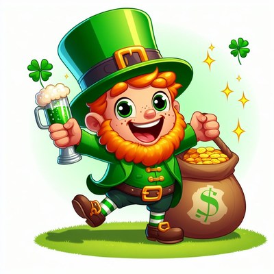 Happy leprechaun holding beer and gold