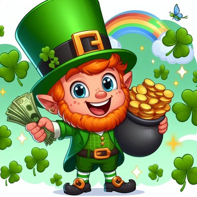 Happy leprechaun holding gold and cash