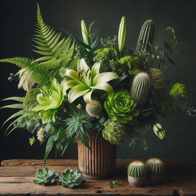 Green floral arrangement on wooden table